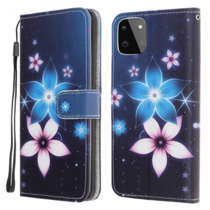 Housse Samsung Galaxy A22 5G Fleurs Lunaires à Lanière