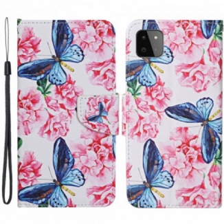 Housse Samsung Galaxy A22 5G Papillons Floraux Lanière