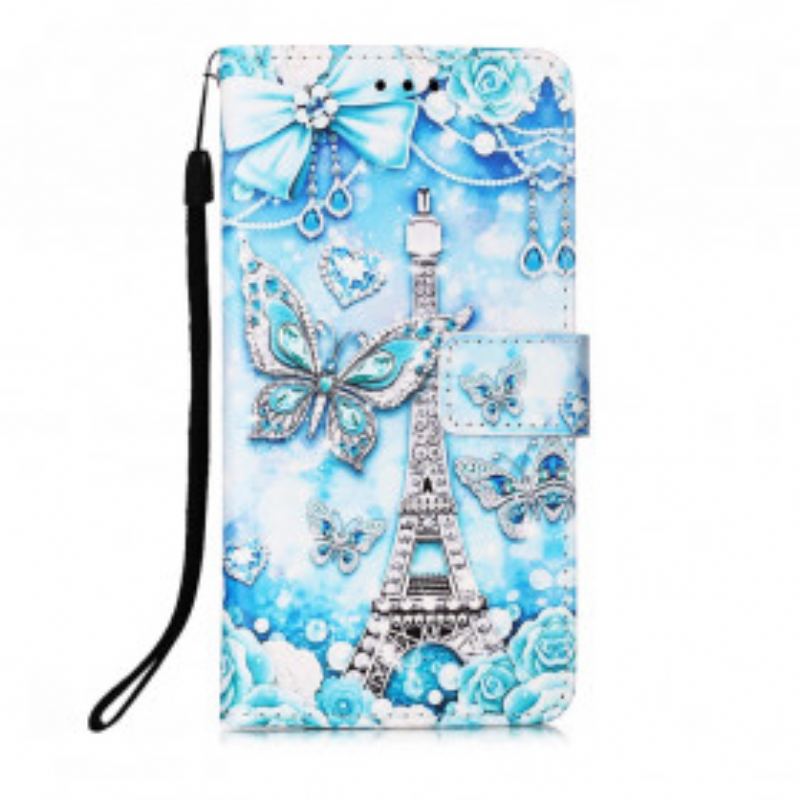 Housse Samsung Galaxy A22 5G Tour Eiffel Papillons à Lanière