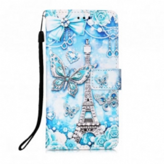 Housse Samsung Galaxy A22 5G Tour Eiffel Papillons à Lanière