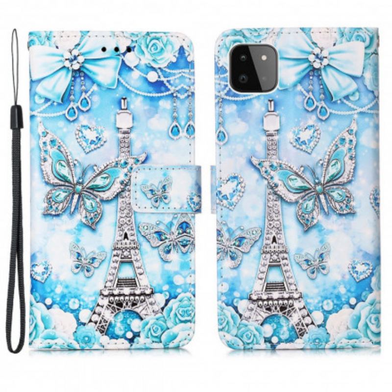 Housse Samsung Galaxy A22 5G Tour Eiffel Papillons à Lanière