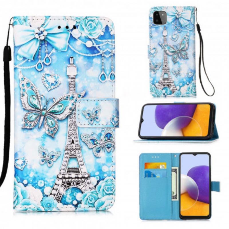 Housse Samsung Galaxy A22 5G Tour Eiffel Papillons à Lanière