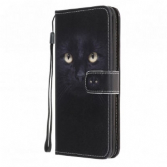 Housse Samsung Galaxy A22 5G Yeux de Chat Noir à Lanière