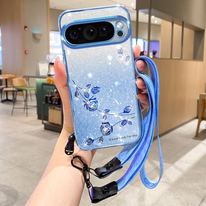 Coque Google Pixel 9 Pro XL Fleurs et Strass à Lanière KADEM