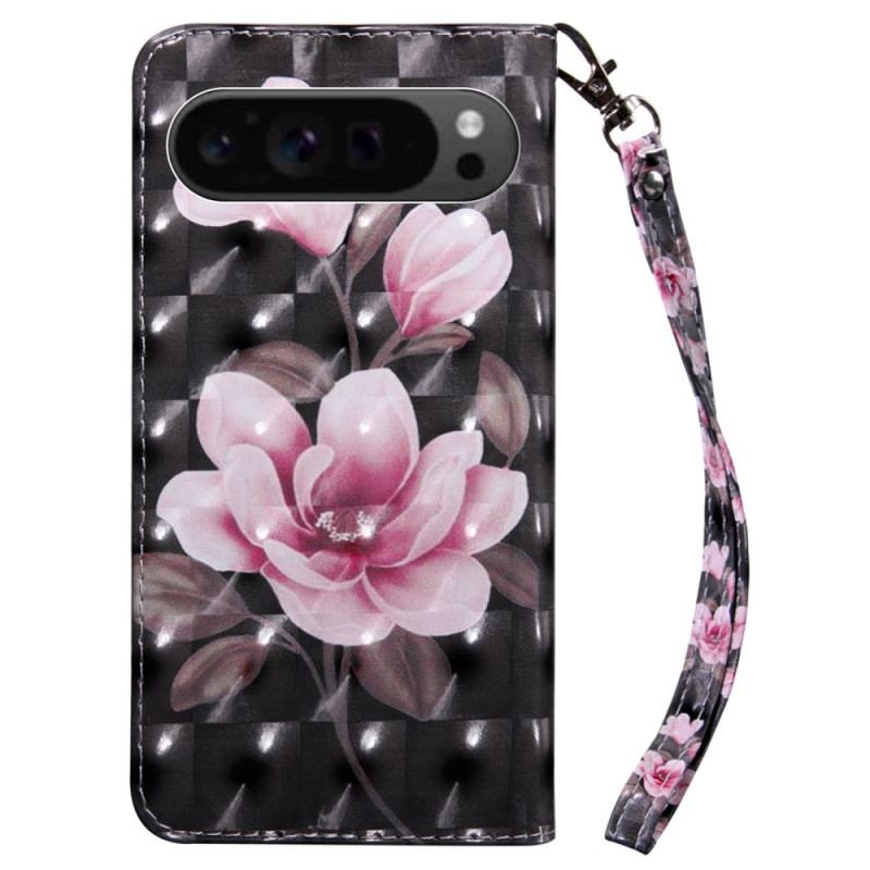 Housse Google Pixel 9 Pro XL Fleurs Rose sur Fond Noir à Lanière