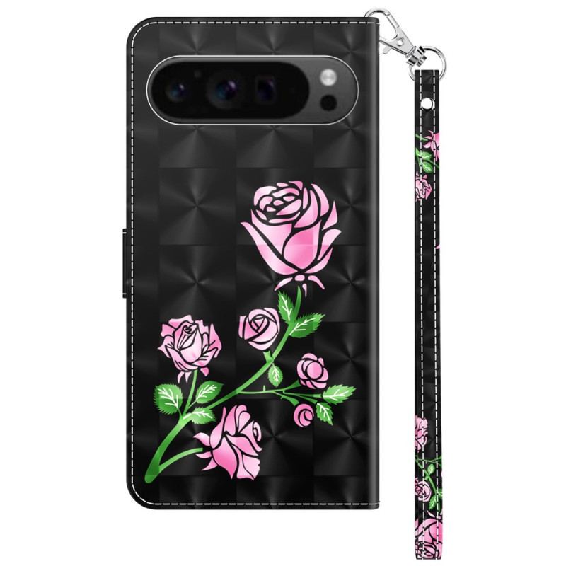 Housse Google Pixel 9 Pro XL Fleurs Roses à Lanière