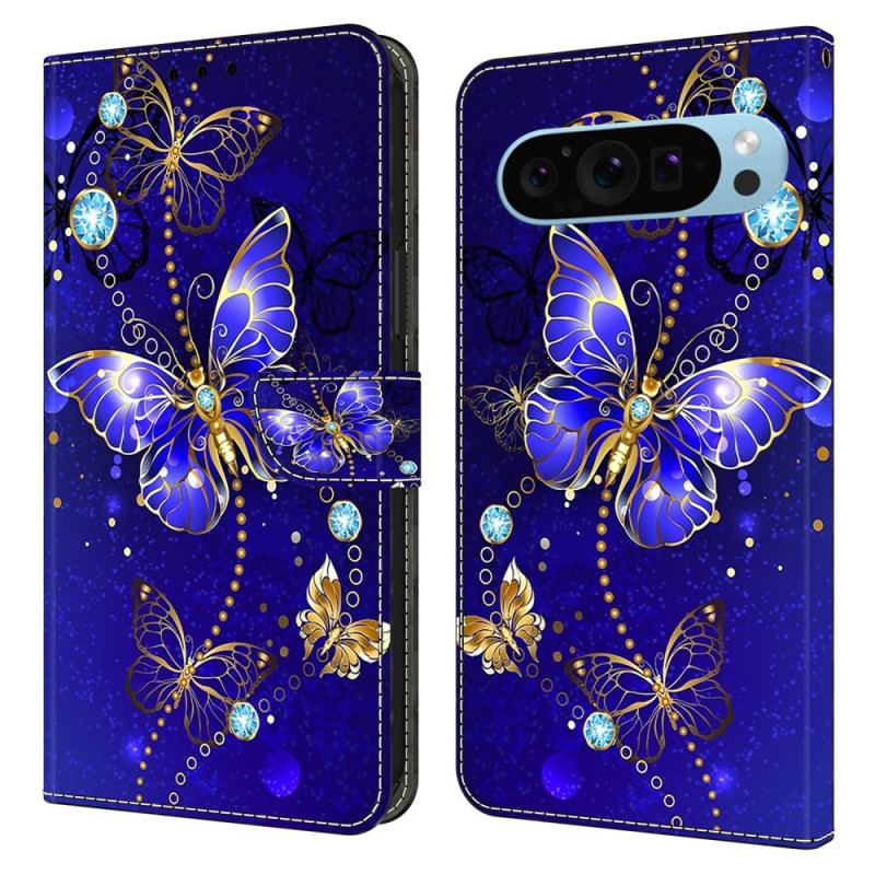 Housse Google Pixel 9 Pro XL Papillon Diamant sur Fond Bleu