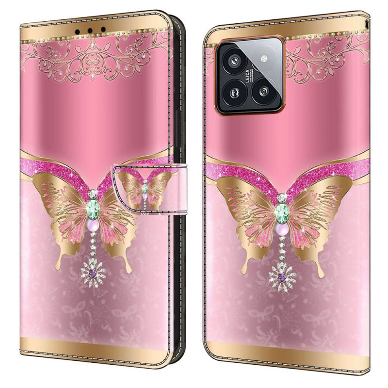 Housse Xiaomi 14 Pro Papillon Rose et Or