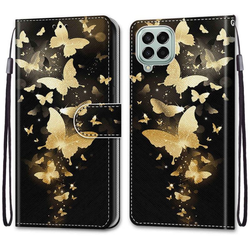 Housse Samsung Galaxy M53 5G Papillons Or à Lanière