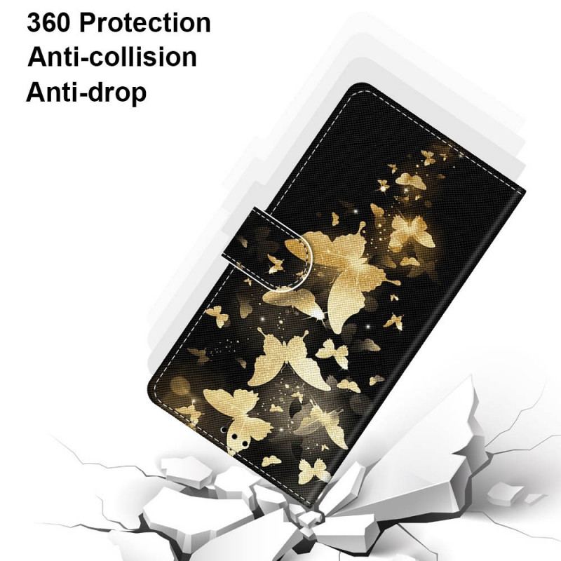 Housse Samsung Galaxy M53 5G Papillons Or à Lanière