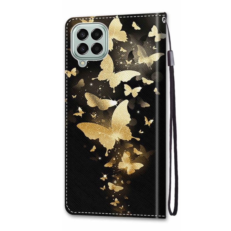 Housse Samsung Galaxy M53 5G Papillons Or à Lanière