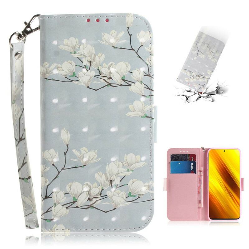 Housse Poco X3 / X3 Pro / X3 NFC Branche en Fleurs à Lanière