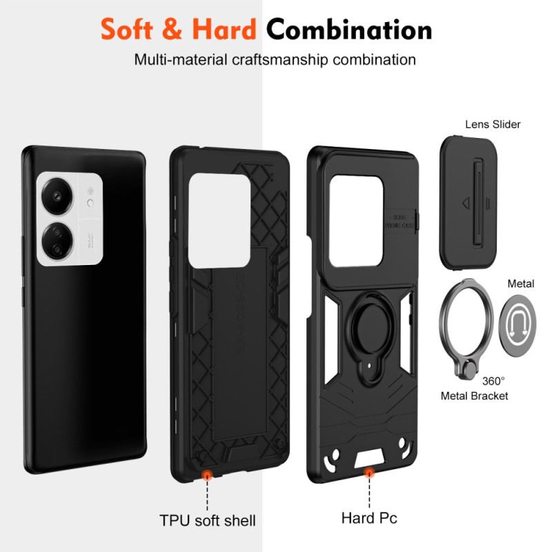 Coque Xiaomi Redmi 13C 4G/5G/Poco C65 Couvercle de Lentille Coulissant et Anneau-Support