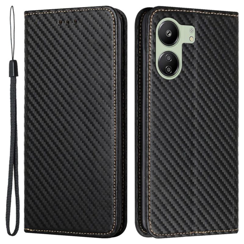 Flip Cover Xiaomi Redmi 13C 4G/5G/Poco C65 Fibre Carbone à Lanière