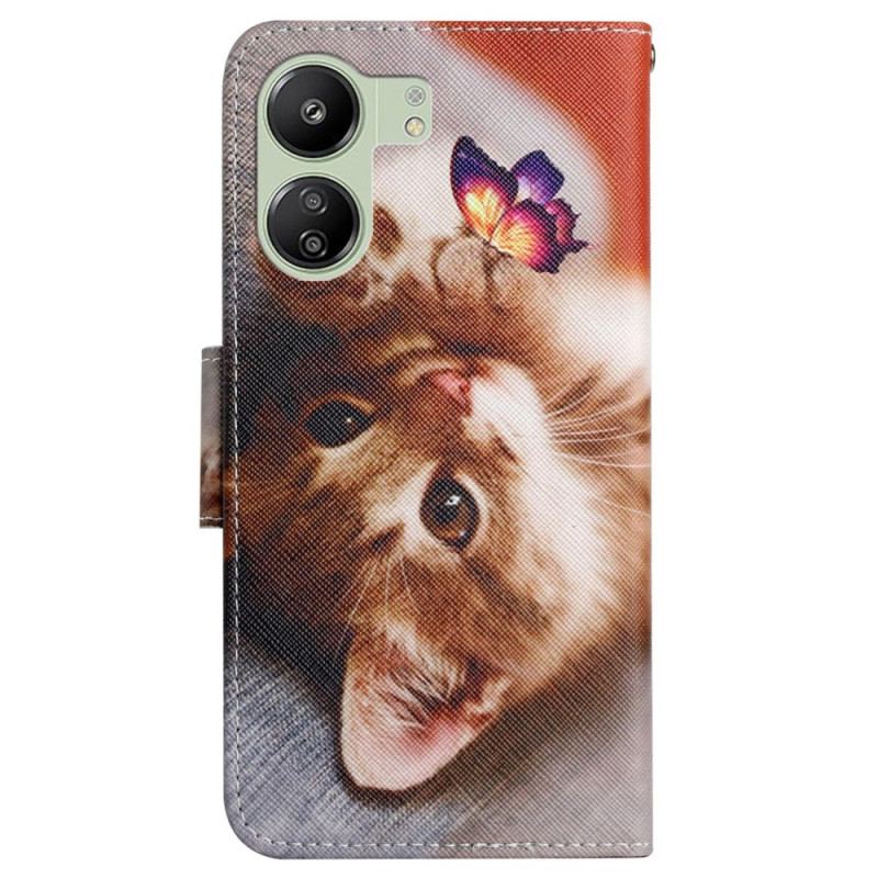 Housse Xiaomi Redmi 13C 4G/5G/Poco C65 Papillon et Chat à Lanière