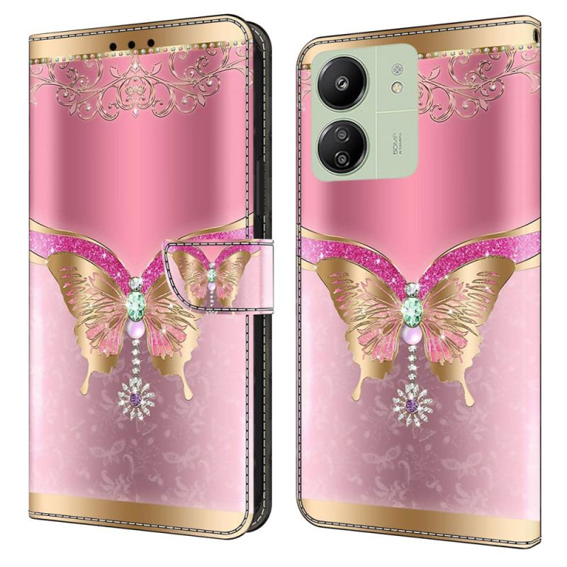 Housse Xiaomi Redmi 13C 4G/5G/Poco C65 Papillon Rose et Or