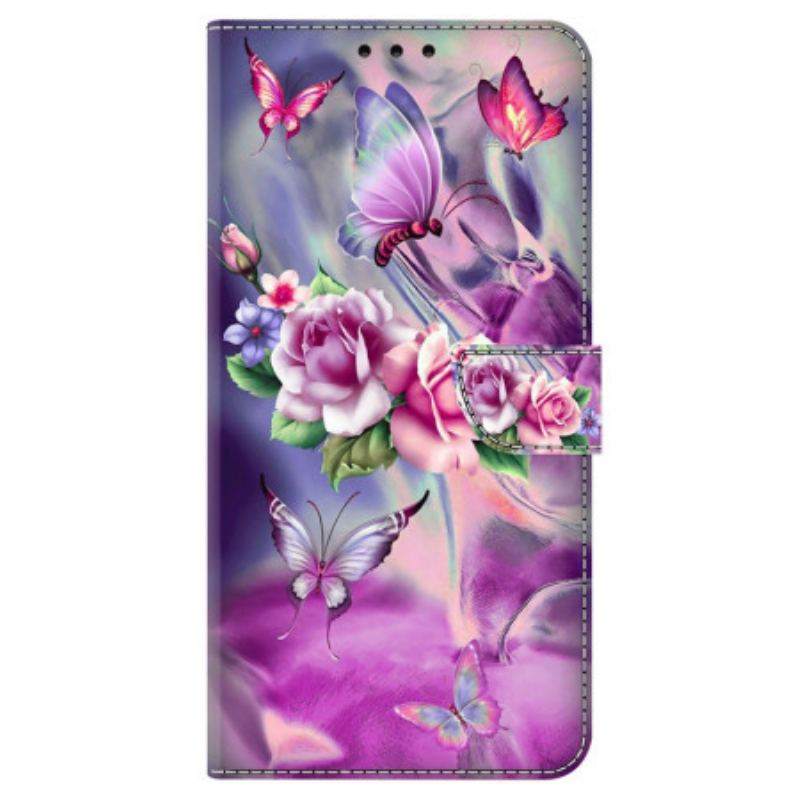 Housse Xiaomi Redmi 13C 4G/5G/Poco C65 Papillons et Fleurs Violettes