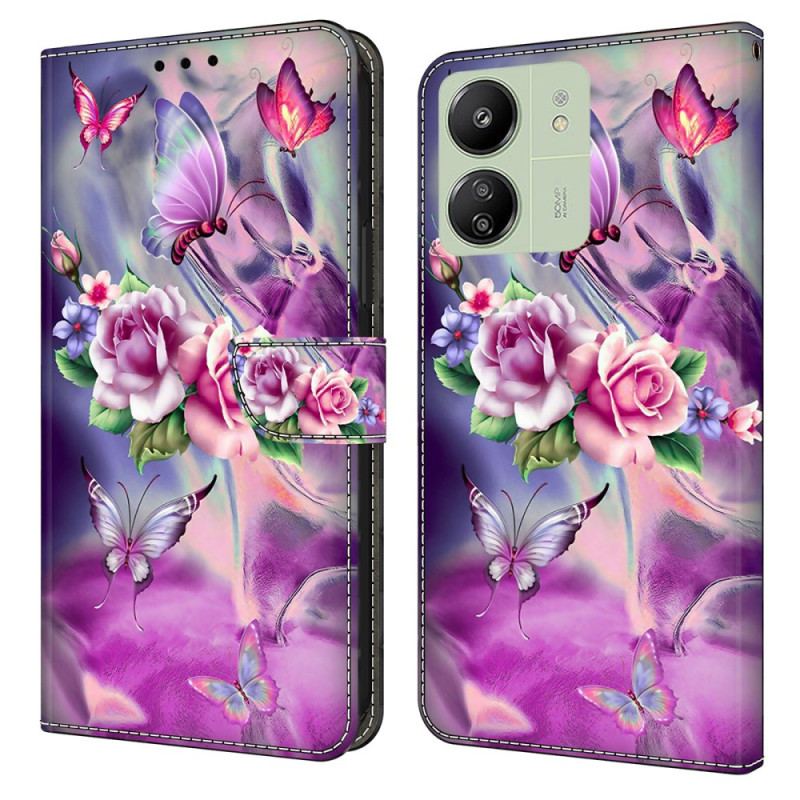 Housse Xiaomi Redmi 13C 4G/5G/Poco C65 Papillons et Fleurs Violettes