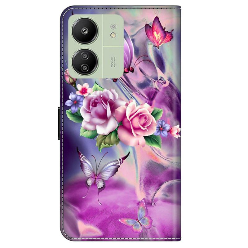 Housse Xiaomi Redmi 13C 4G/5G/Poco C65 Papillons et Fleurs Violettes