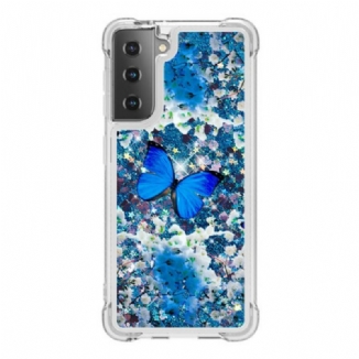 Coque Samsung Galaxy S21 5G Papillons Bleus Paillettes