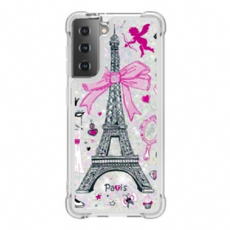 Coque Samsung Galaxy S21 5G La Tour Eiffel Paillettes