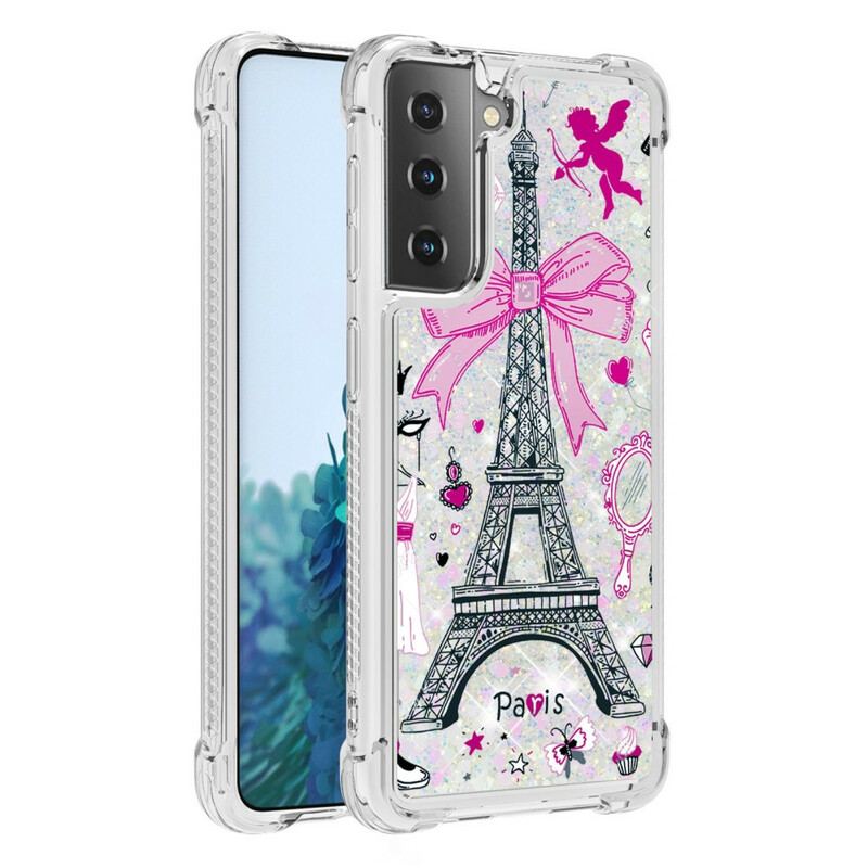 Coque Samsung Galaxy S21 5G La Tour Eiffel Paillettes