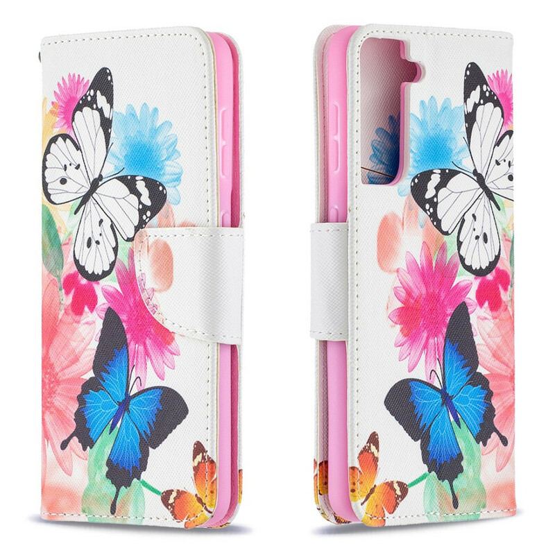 Housse Samsung Galaxy S21 5G Papillons et Fleurs Peints