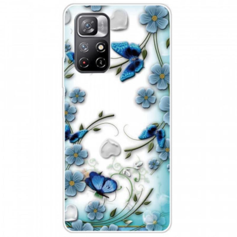 Coque Poco M4 Pro 5G Papillons et Fleurs Rétros