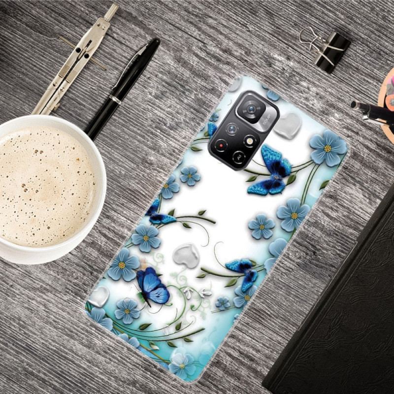 Coque Poco M4 Pro 5G Papillons et Fleurs Rétros