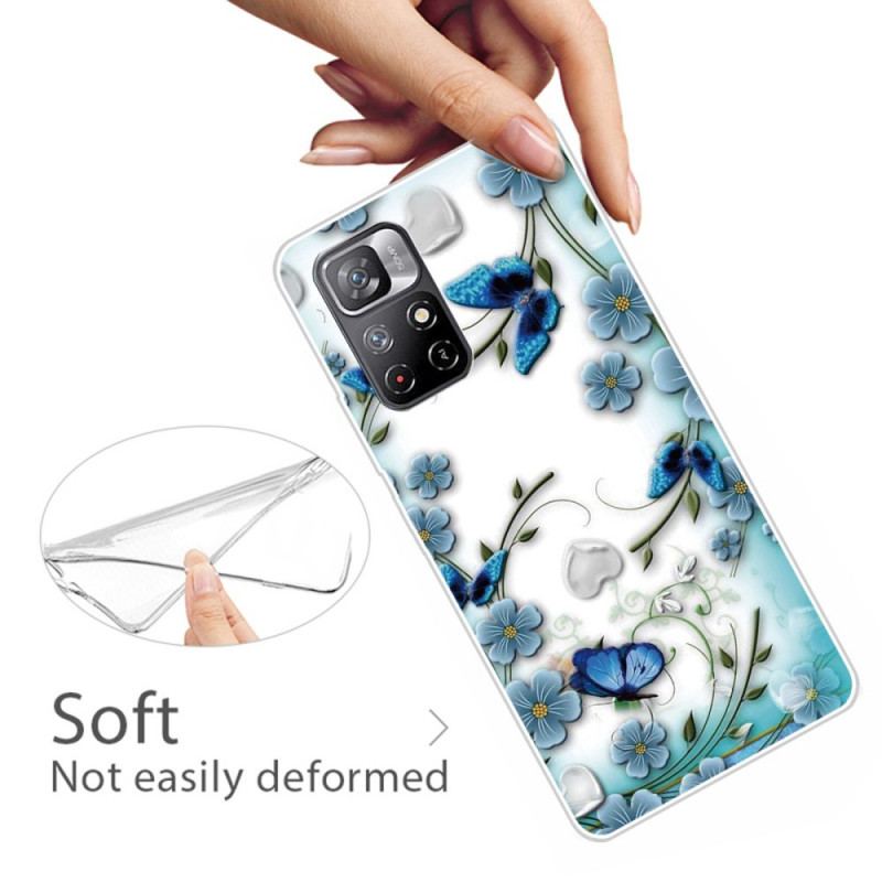 Coque Poco M4 Pro 5G Papillons et Fleurs Rétros