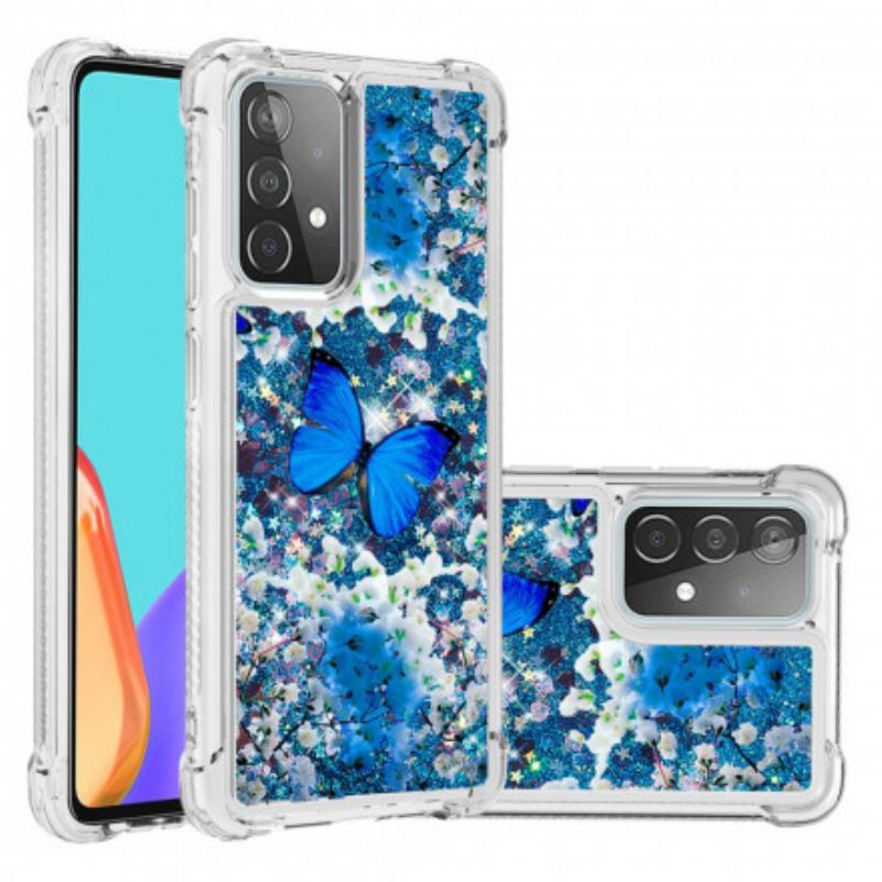 Coque Samsung Galaxy A52 4G / A52 5G / A52s 5G Papillons Bleus Paillettes