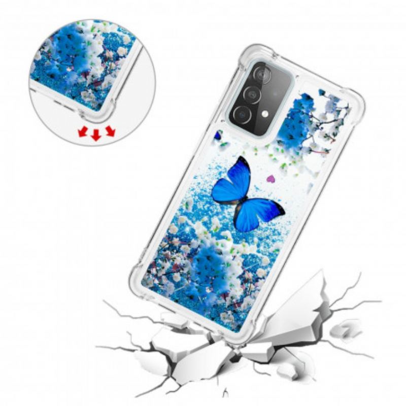 Coque Samsung Galaxy A52 4G / A52 5G / A52s 5G Papillons Bleus Paillettes