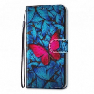 Housse Xiaomi Redmi 10 Papillon Rouge Sur Fond Bleu