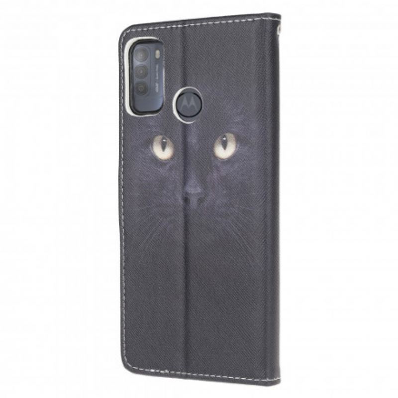 Housse Moto G50 Yeux de Chat Noir à Lanière