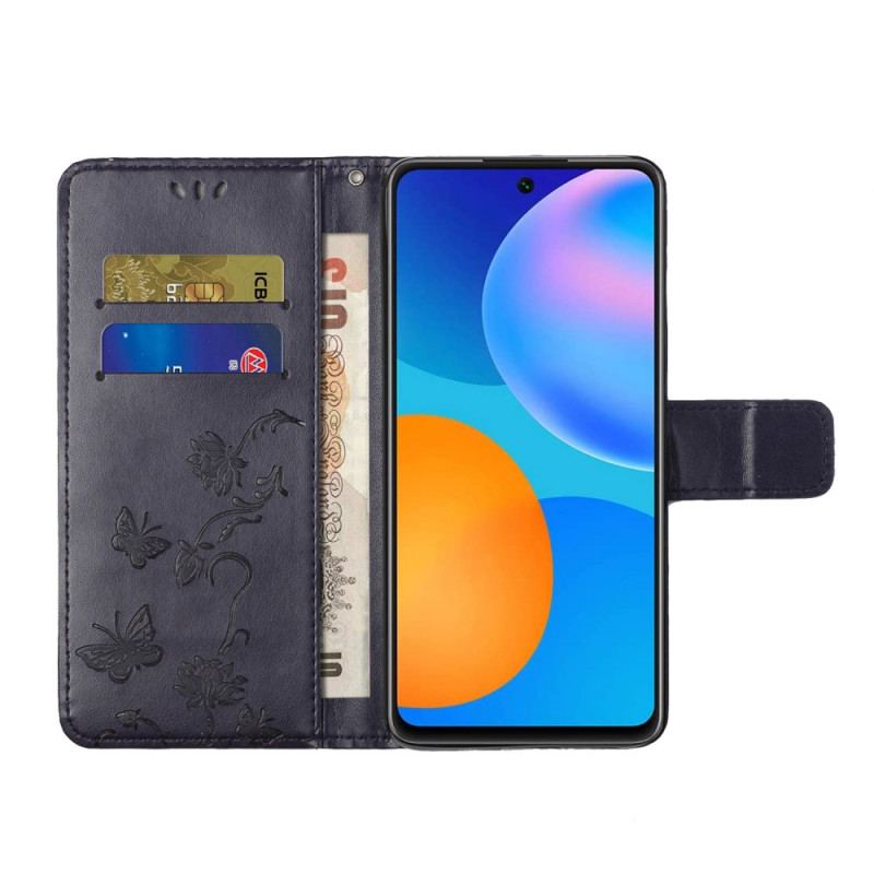 Housse Samsung Galaxy M52 5G Papillons et Fleurs à Lanière