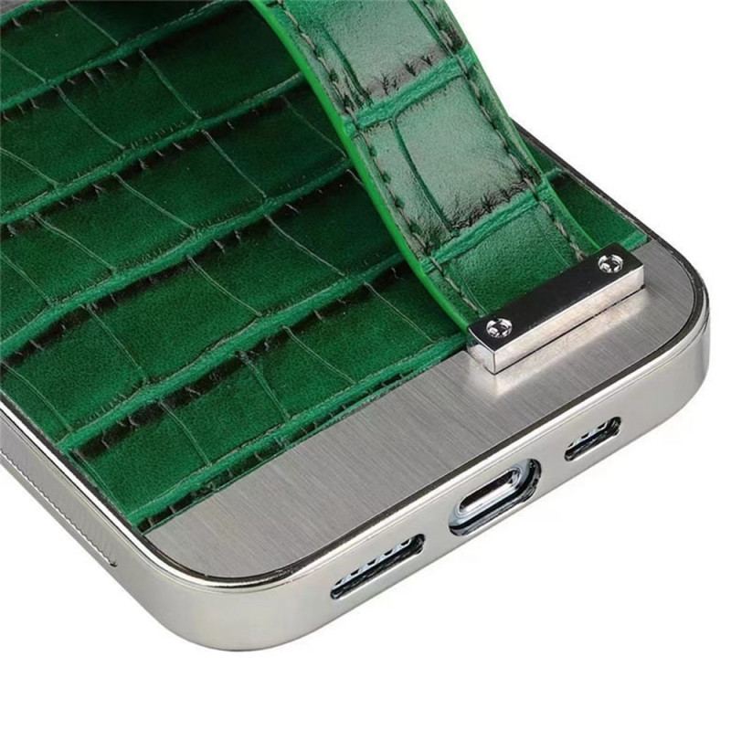 Coque iPhone 14 Simili Cuir Crocodile avec Sangle Support