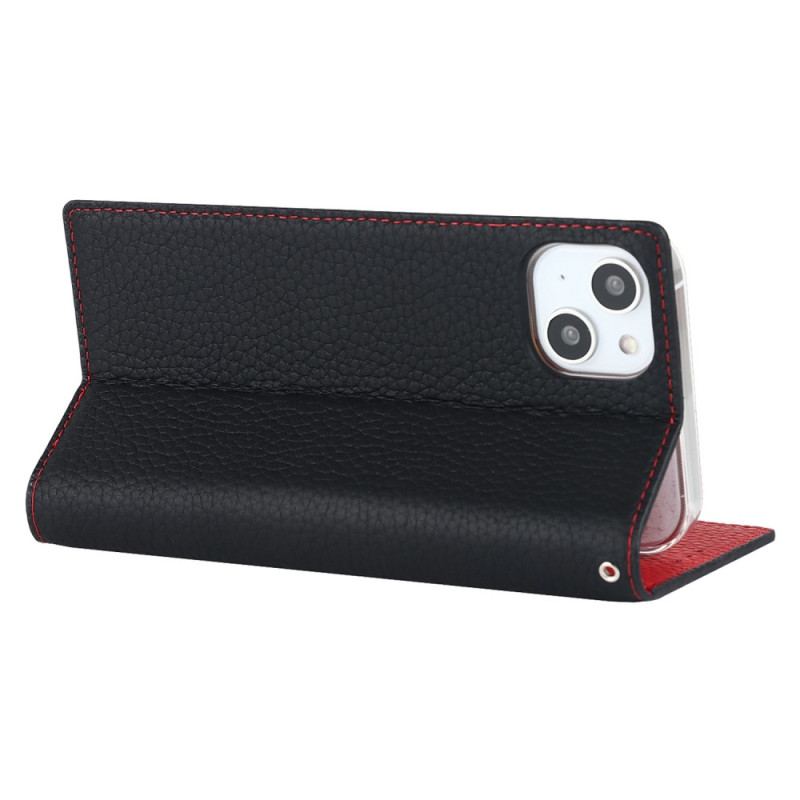 Flip Cover iPhone 14 Cuir Litchi Véritable à Lanière