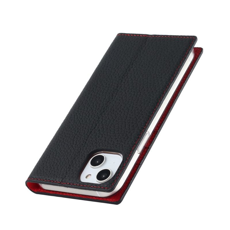 Flip Cover iPhone 14 Cuir Litchi Véritable à Lanière