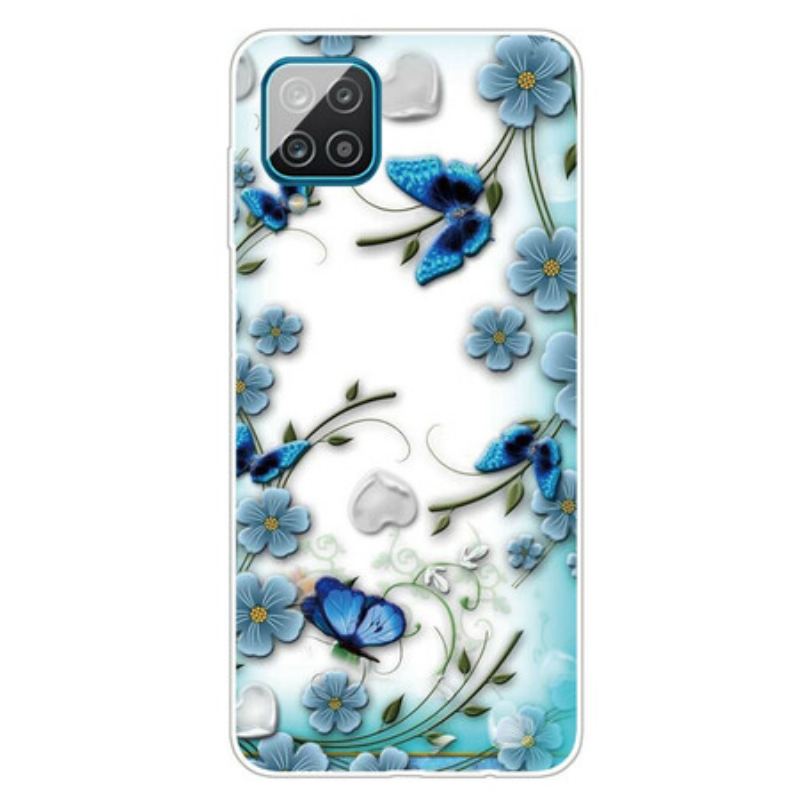 Coque Samsung Galaxy A12 / M12 Transparente Papillons et Fleurs Rétros