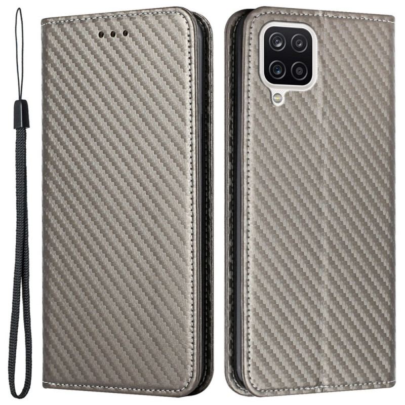 Flip Cover Samsung Galaxy A12 / M12 Fibre Carbone à Lanière