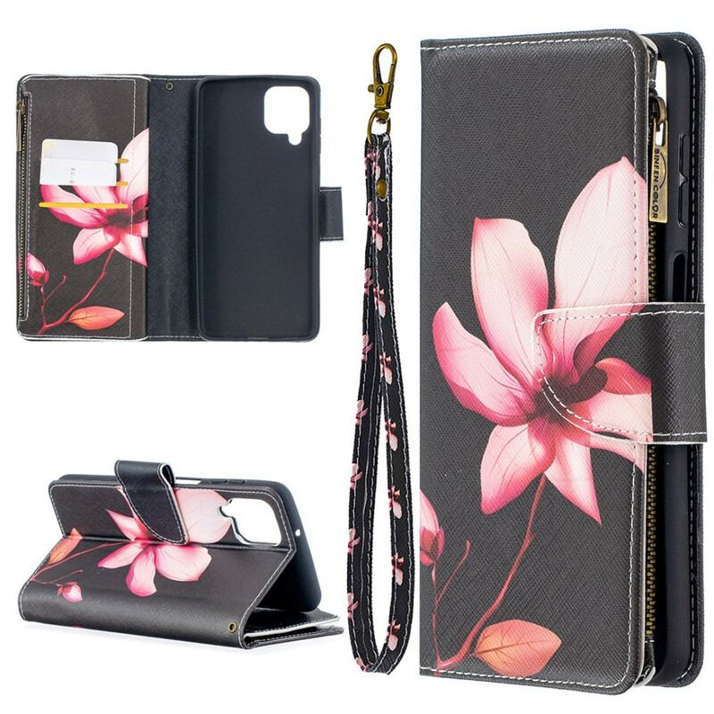 Housse Samsung Galaxy A12 / M12 Poche Zippée Fleur