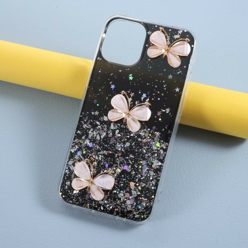 Coque iPhone 12 / 12 Pro Paillettes Papillons 3D