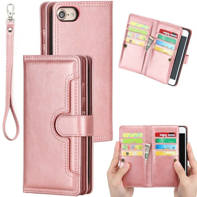 Housse iPhone SE 3 / 2 /8 /7 Effet Cuir Multi-Cartes avec Lanière