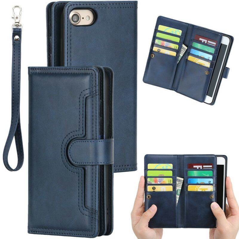 Housse iPhone SE 3 / 2 /8 /7 Effet Cuir Multi-Cartes avec Lanière