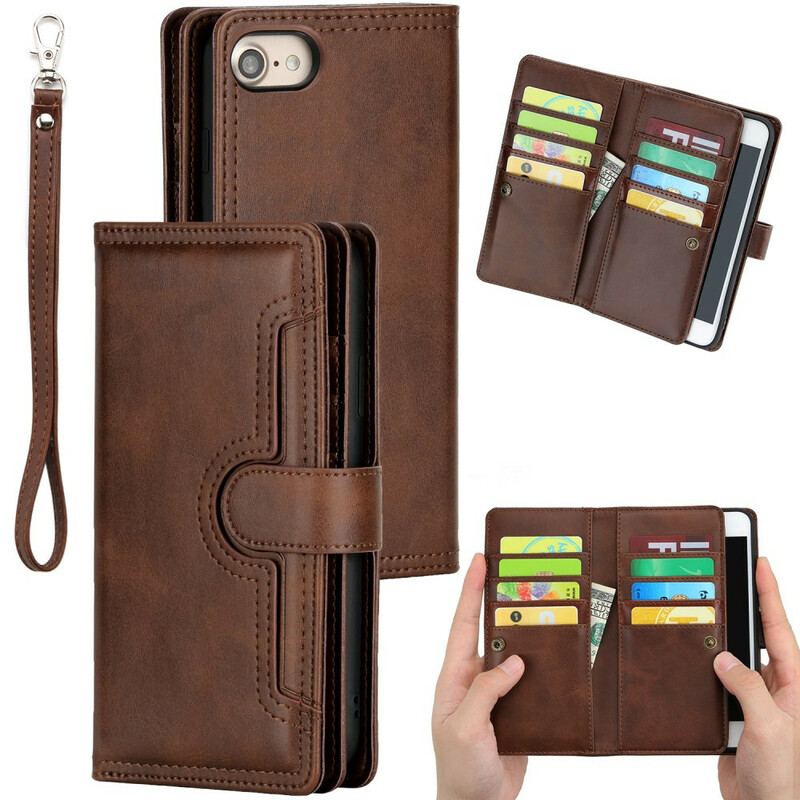 Housse iPhone SE 3 / 2 /8 /7 Effet Cuir Multi-Cartes avec Lanière