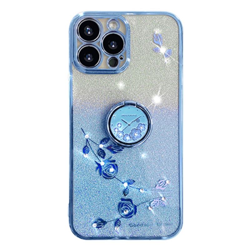 Coque iPhone 16 Pro Max Anneau-Support Fleurs et Strass KADEM