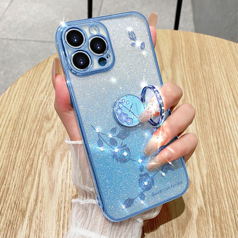 Coque iPhone 16 Pro Max Anneau-Support Fleurs et Strass KADEM