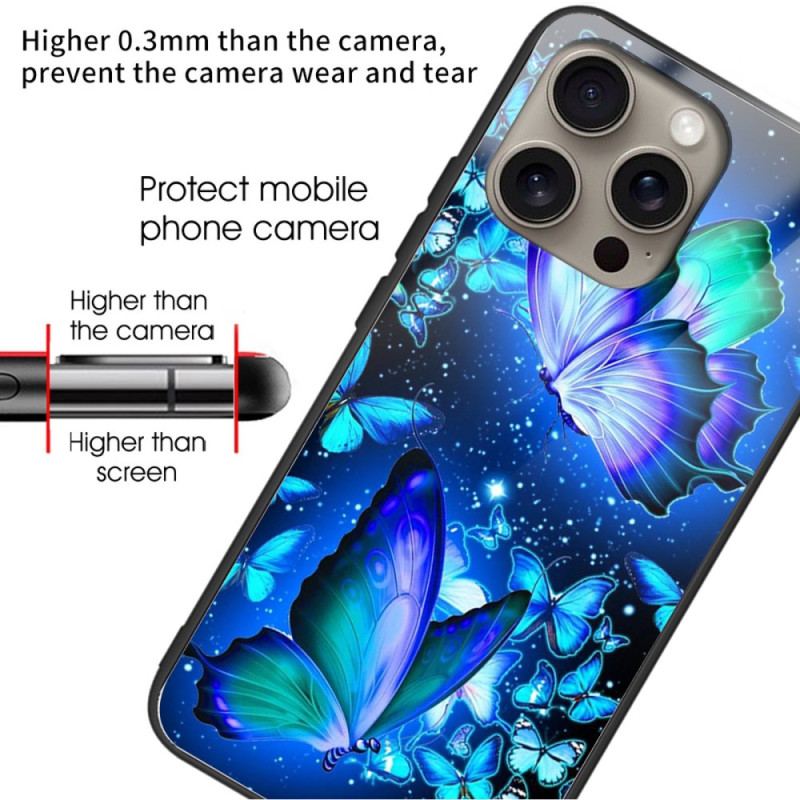 Coque iPhone 16 Pro Max Verre Trempé Papillons Bleus