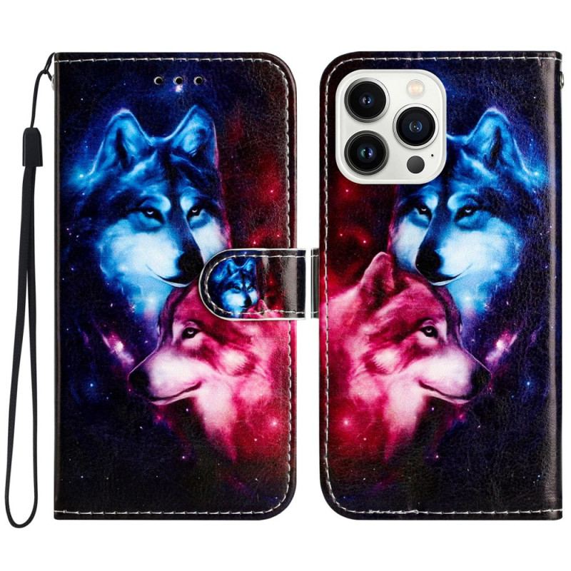 Housse iPhone 16 Pro Max Couple de Loups à Lanière