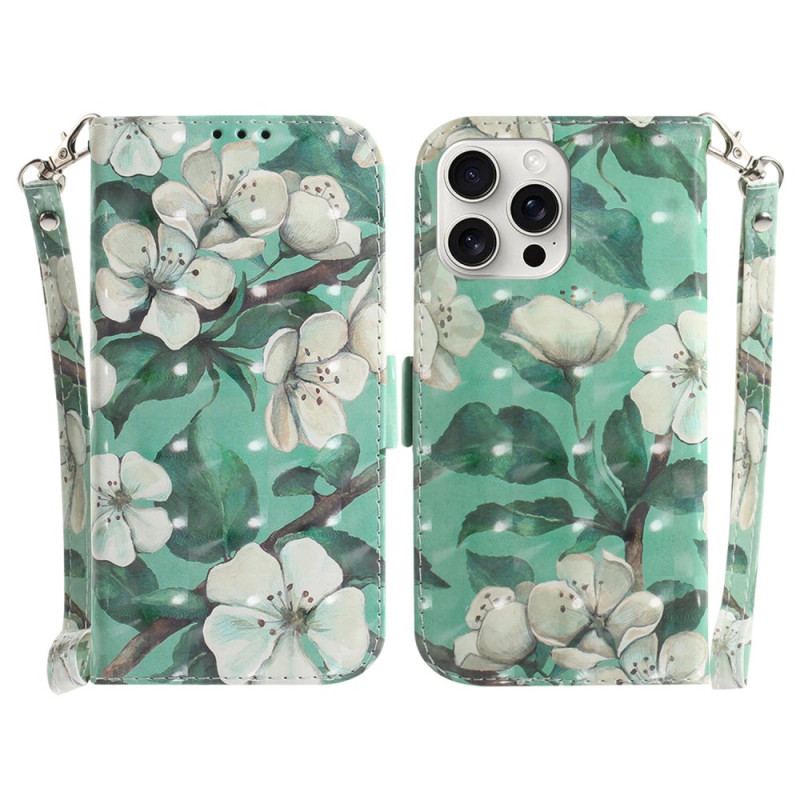 Housse iPhone 16 Pro Max Fleurs Aquarelles à Lanière